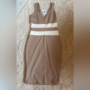 New guess midi dress tan off white small stretchy stripe